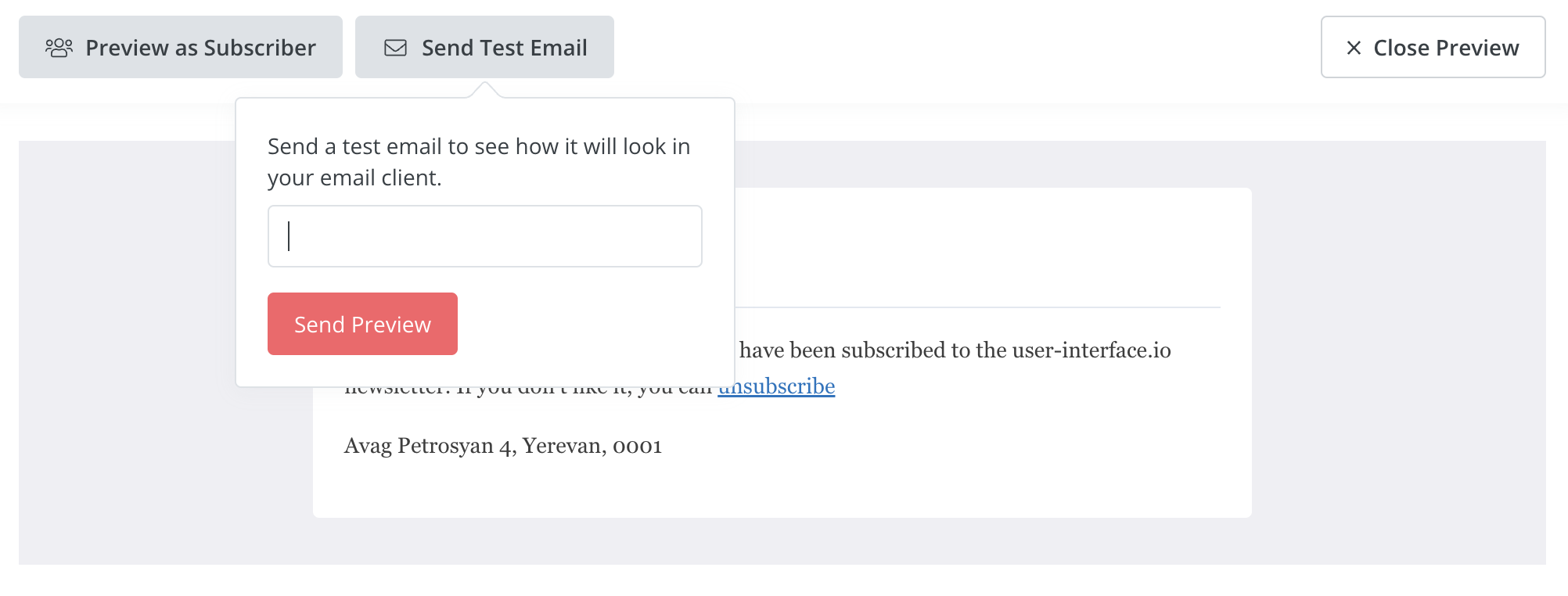 A screenshot from Convertkit application showing sending test email dialog