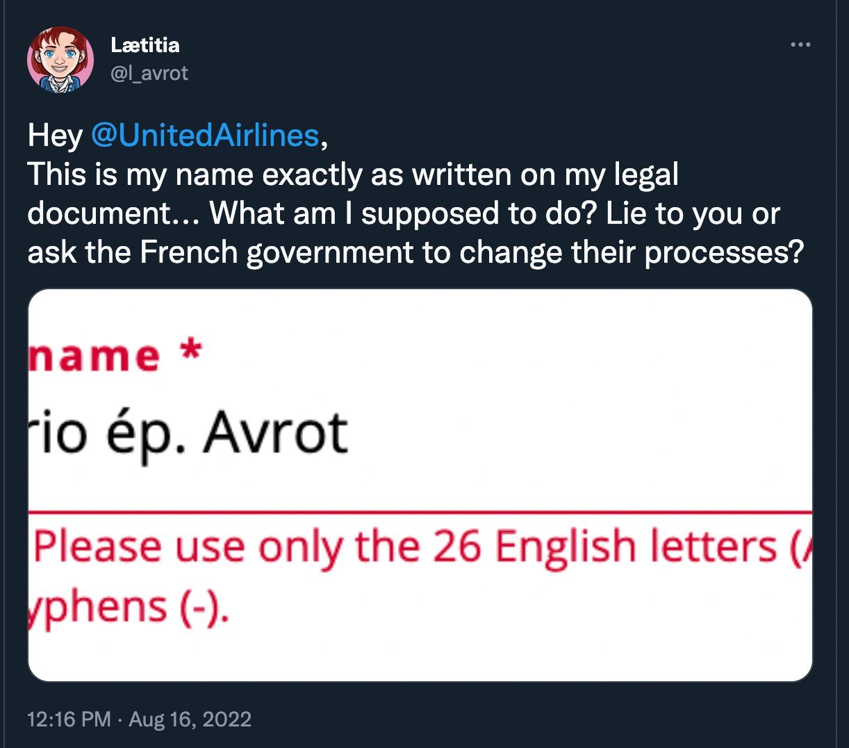 An example when the air company doesn't accept French language characters, even thought they are used in  user's passports